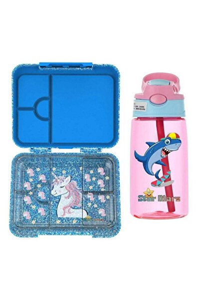 StarMarz - Unicorn Blue Bento Glitter Lunch Box wth Plastic Water Bottle Shar...