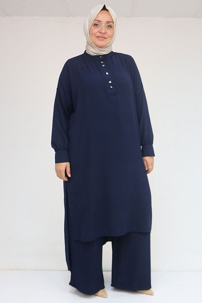 Eslina 57029 Plus Size Half Placket Slit Pants Suit - Navy Blue