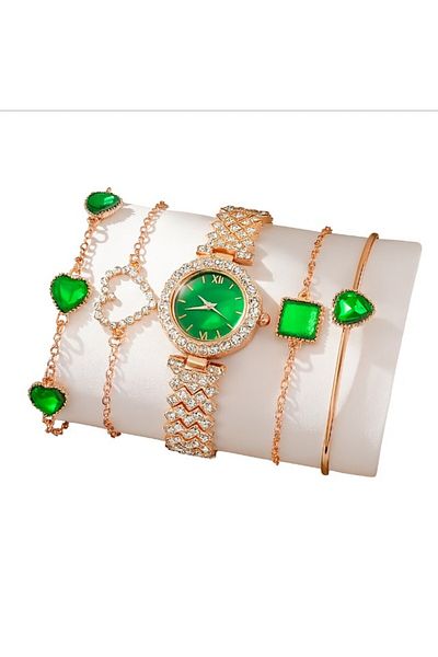REDz Accessories Set elegant de ceasuri de damă, verde smarald, 4 brățări la modă, auriu roz, accesorii strălucitoare