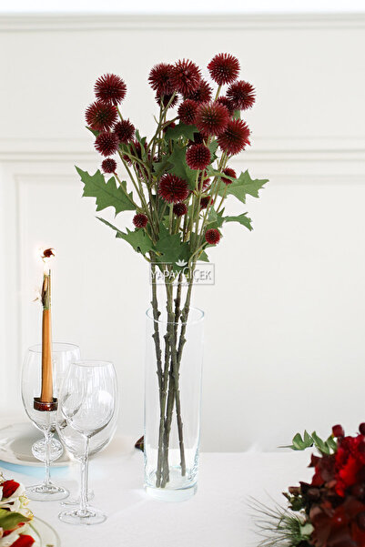 Yapay Çiçek Deposu Yapay Çiçek Top Deve Dikeni Dalı 57 cm Bordo