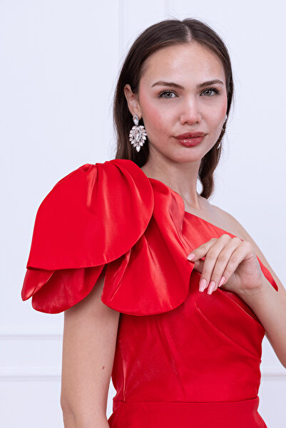 BEYBOS Atlas Kumaş Omuz Organze Detaylı Kalem Elbise - KIRMIZI