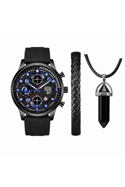 REDz Accessories Men's Set, Luxury, Sports Watch With Braided Bracelet And Black Crystal Pendant Chain