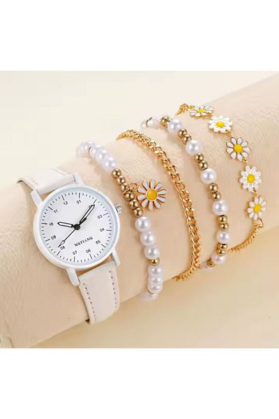 REDz Accessories Ceas elegant alb cu brățări asortate, margarete aurii și perle, set de damă