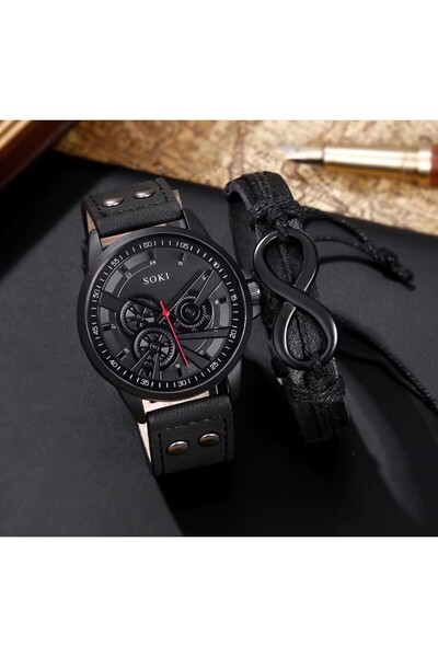 REDz Accessories Set de accesorii bărbătești, ceas analogic negru, brățară di...