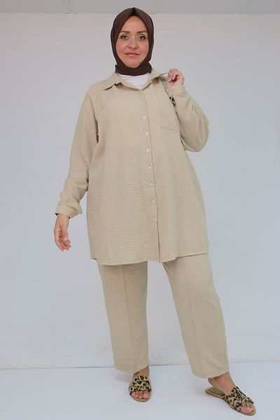 Eslina 57049 Plus Size Men's Collared Trousers Suit - Beige