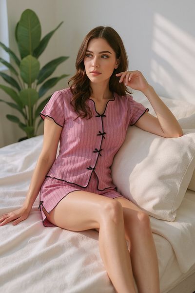 BELLA NOTTE Dusty Rose Cotton Bow Detailed Shorts Pajama Set