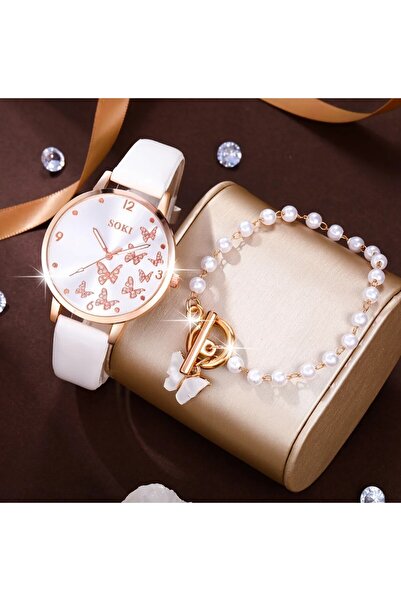 REDz Accessories White Watch With Butterfly Dial and Pearl Bracelet, Butterfly, Stylish Accessories Set For Women