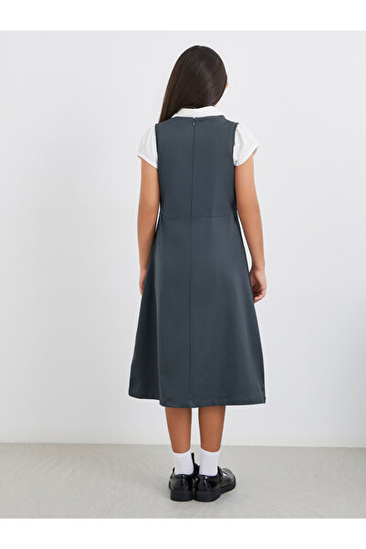 Styli Girls Grey V Neck Button Detail Pinafore Dress