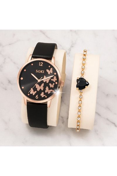 REDz Accessories Set elegant de ceasuri de damă, cadran fluture + brățară neagră cu inimă