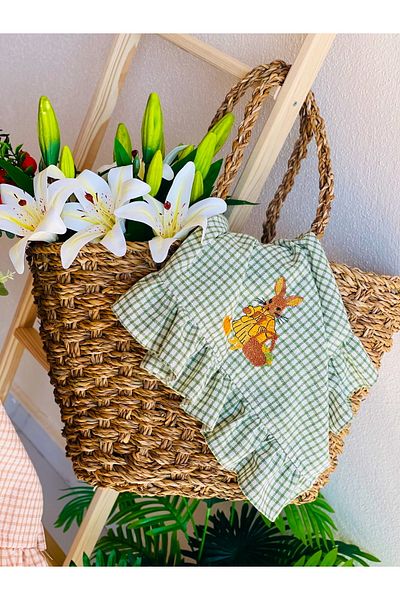 HOME OF BLOSSOM Rabbit Embroidered Ruffle Kitchen Cloth / Cover (Green Gingham)