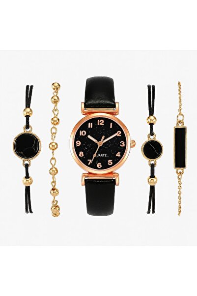 REDz Accessories Elegant Set, Ρολόι Quartz, Μαύρο Λουράκι, Ασορτί Βραχιόλια, ...