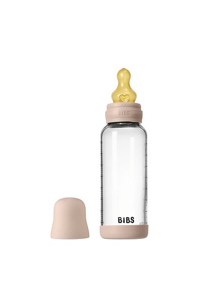 Bibs Set complet de biberon anticolici din sticlă cu tetină din latex, debit mediu, 240 ml, Blush