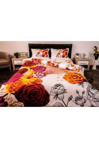 Ralex Double Bedding Set 4 Pieces 220 x 230 cm, Digital Print 3D, White/Red Flowers Love Pucioasa