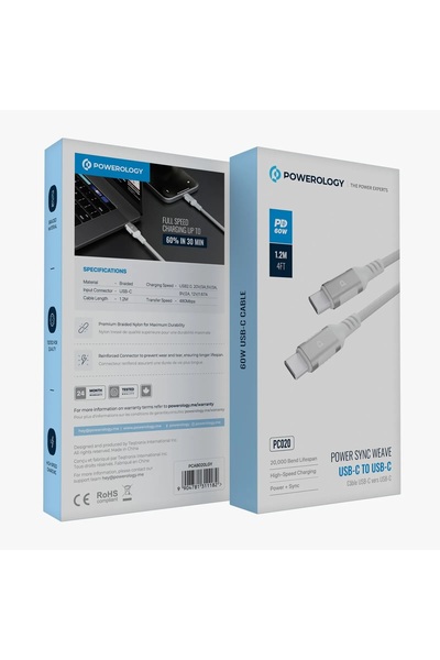 Powerology 60W USB-C to USB-C V2.0 Aluminum Plug Nylon Braided Cable 1.2 Meter