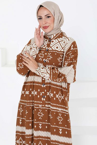 TOFİSA Button Detailed Dress Brown - 27396
