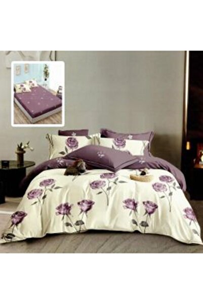 Ralex Double Bed Linen Finet Cotton 6 Pieces with Mattress Cover, Beige-Purple, Pucioasa HF 6 P 255