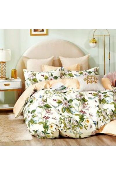 Ralex Double King Size Bedding Set 6 Pieces 100% Cotton Percale Beige/Green Wild Flowers