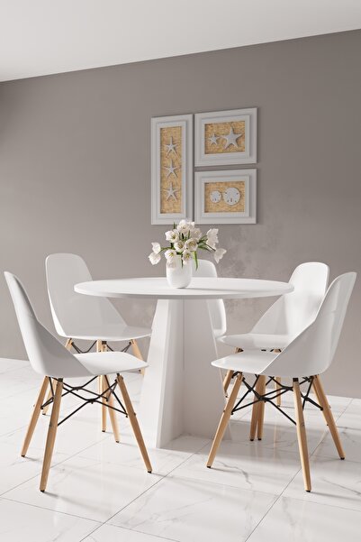 HMC DECOR Modern Yuvarlak 90cm Yemek Masası-Mutfak Masası Mat Beyaz (SANDALYE...
