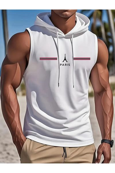 ACTIVE MODA Men's White Hooded Undershirt Cotton Sleeveless Sportsman T-Shirt 1886 Los Angeles