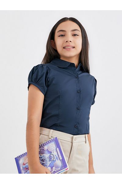 Styli Girls Navy Blue Cotton Puff Sleeves Shirt