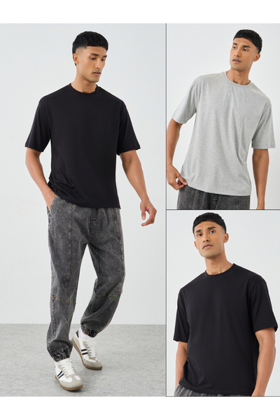 Styli Pack of 2 - Cotton Rich Oversized Crew Neck T-Shirt