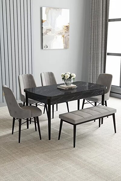 asaella mobilya Loft Siyah Mermer 80x132 Açılabilir Mdf Masa Yemek Odası Takı...