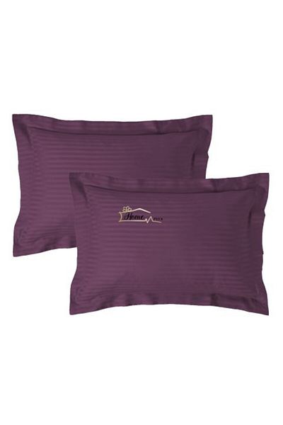 HomePuls Set 2 Pillowcases Damask Polycotton Stripe 1 cm, 50 x 70 cm and Border 3.5 cm, Purple