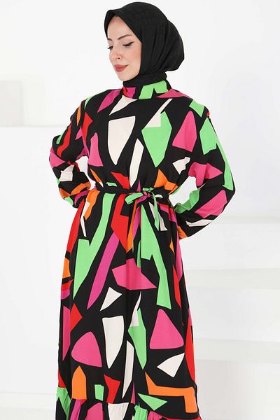 TOFİSA Belted Patterned Dress Pink - 27395