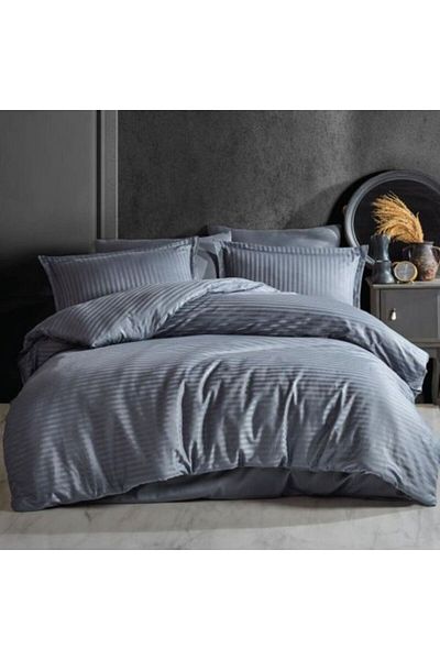 HomePuls Lenjerie pat cu elastic la cearsaf Damasc Bumbac 100% tip Hotel, dunga 1 cm, 4 piese, Gri Antracit