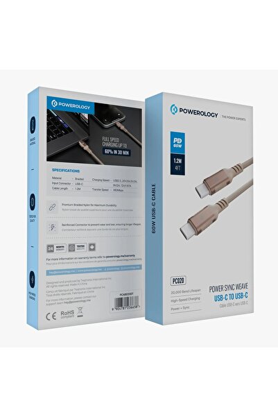 Powerology 60W USB-C to USB-C V2.0 Aluminum Shell Nylon Braided Cable 1.2 Meter