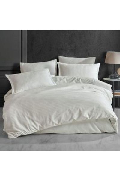 HomePuls Double Bed Set Damask Cotton 100% Hotel Style, 1 cm stripe, 4 pieces, cream color