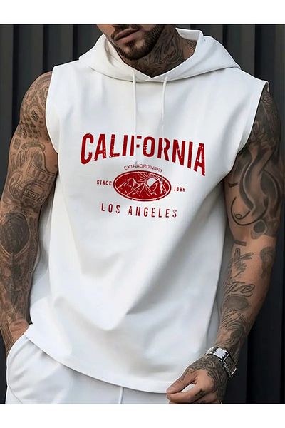 ACTIVE MODA Men's White Hooded Undershirt Cotton Sleeveless Sportsman T-Shirt 1886 Los Angeles