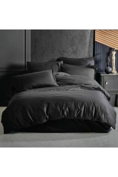 HomePuls Bed Linen Set with Elastic Sheet Damask 100% Cotton Hotel Style, 3 Pieces, Black