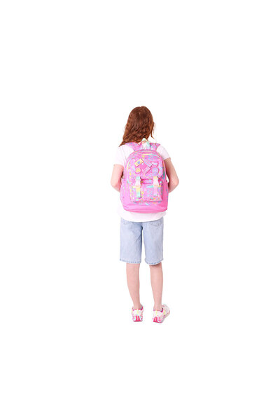 KAUKKO Kids Kız Çocuk Armalı Yazı Desenli İlkokul Okul Sırt Çantası (Dört Bölmeli) - Pembe - L5237
