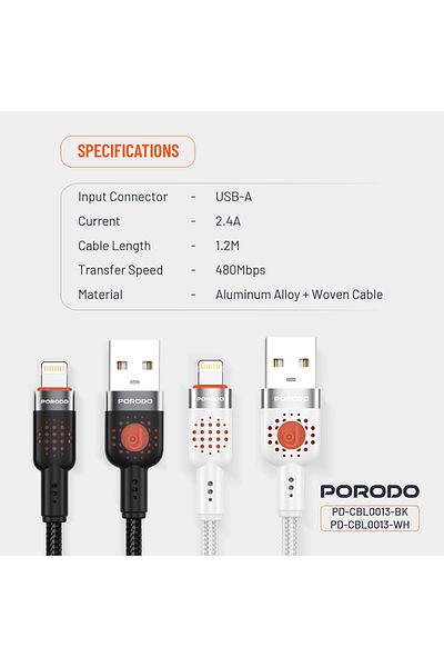 porodo Alum. Alloy Braided Cable USB to Lightning 1.2M