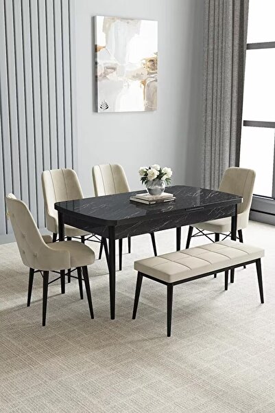 asaella mobilya Loft Siyah Mermer 80x132 Açılabilir Mdf Masa Yemek Odası Takı...
