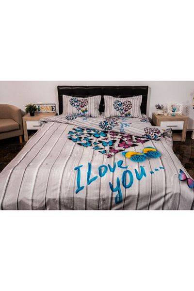 Ralex Double Bed Linen 4 Pieces 220 x 230 cm Digital Print 3D, White/Blue Heart Butterfly Love Pucioasa