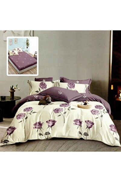 Ralex Double Bed Linen Finet Cotton 6 Pieces with Mattress Cover, Beige-Purple, Pucioasa HF 6 P 255