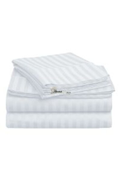 HomePuls Bed Sheet with Elastic Damask 100% Cotton Stripe 1 cm, 150 x 250 cm for Mattress 100 x 200 cm, White