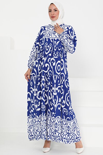 TOFİSA Desenli Düğmeli Elbise Saks - 27428