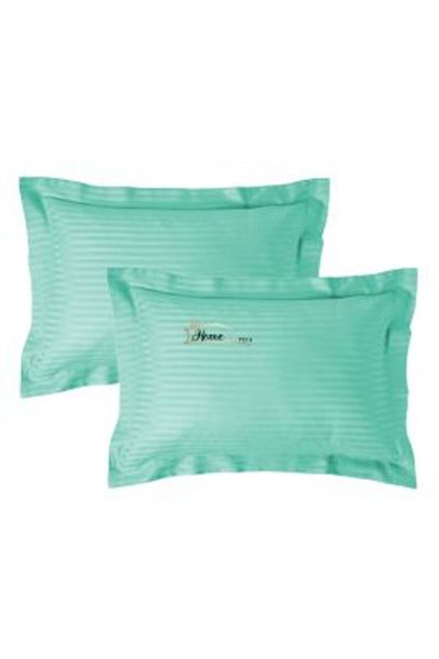 HomePuls Set 2 Pillowcases Damask Polycotton Stripe 1 cm, 50 x 70 cm with 3.5 cm Border, Jade Green
