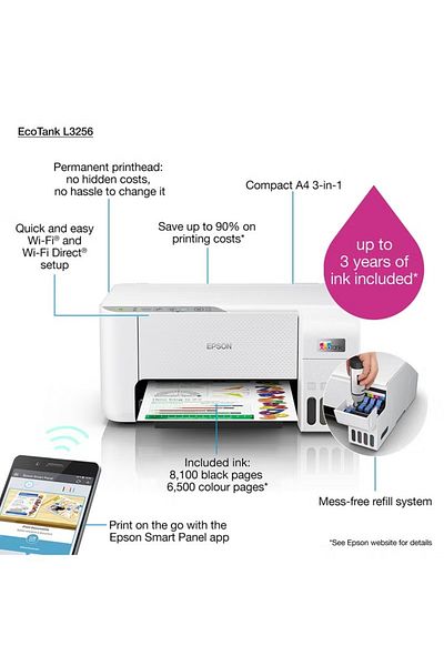 EPSON طابعة Ecotank L3256 A4 Ink Tank - طباعة ملونة لاسلكية 3 في 1 مع ما يصل إلى 3 سنوات من الحبر