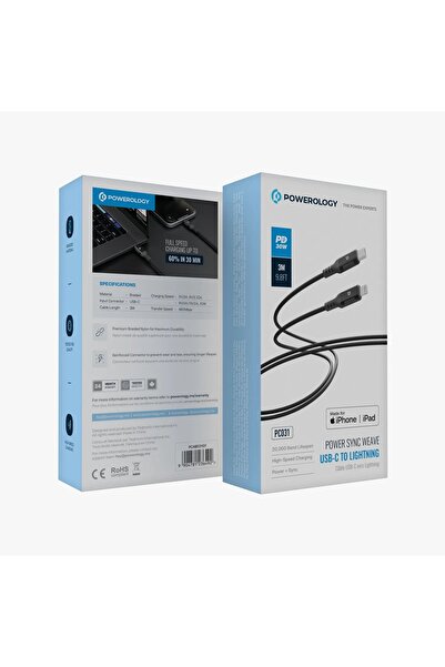 Powerology MFI Lightning to USB-C Aluminum Shell Nylon Braided Cable 3 Meter