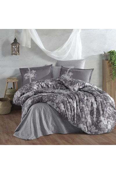 Ralex Premium Bedding Set Lux Satin 100% Cotton, 4 Pieces King Size, Gray Elegant, Monica V2