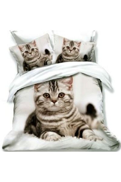 Ralex Double Bed Linen Cotton Finet 3D 6 Pieces 220 x 240 cm, Cat, White, Pucioasa FN 3D 80
