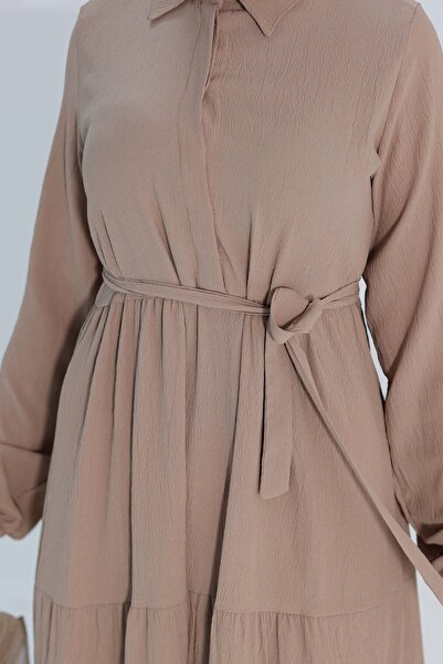 TOFİSA Kuşaklı Kat Kat Elbise Vizon - 27345