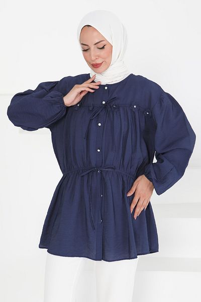 TOFİSA Flower Pearl Detailed Tunic Navy Blue - 27273