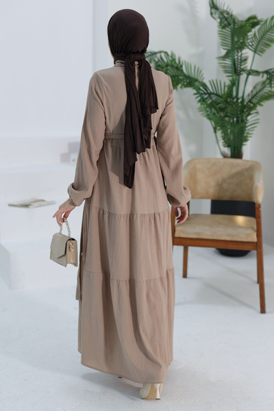 TOFİSA Kuşaklı Kat Kat Elbise Vizon - 27345