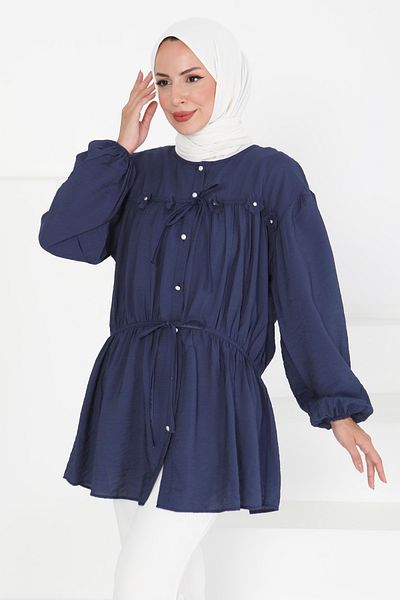 TOFİSA Flower Pearl Detailed Tunic Navy Blue - 27273
