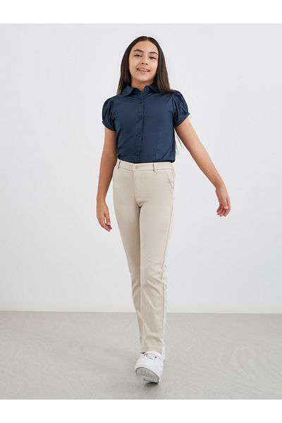 Styli Girls Navy Blue Cotton Puff Sleeves Shirt